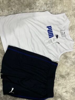 Puma White Tank Top with Blue Logo and Black Shorts